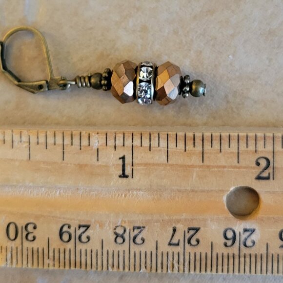 Copper Clear Crystal Rhinestone Rondelle Earrings Bronze Brass Lever Back - Picture 5 of 7